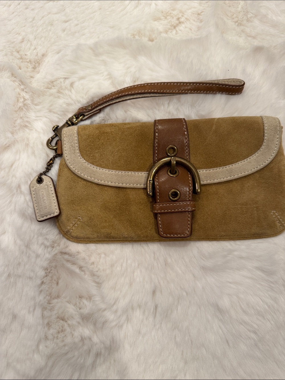 Coach soho Suede Wristlet Clutch in Tan and Brown Leather Trim - Picture 2 of 8